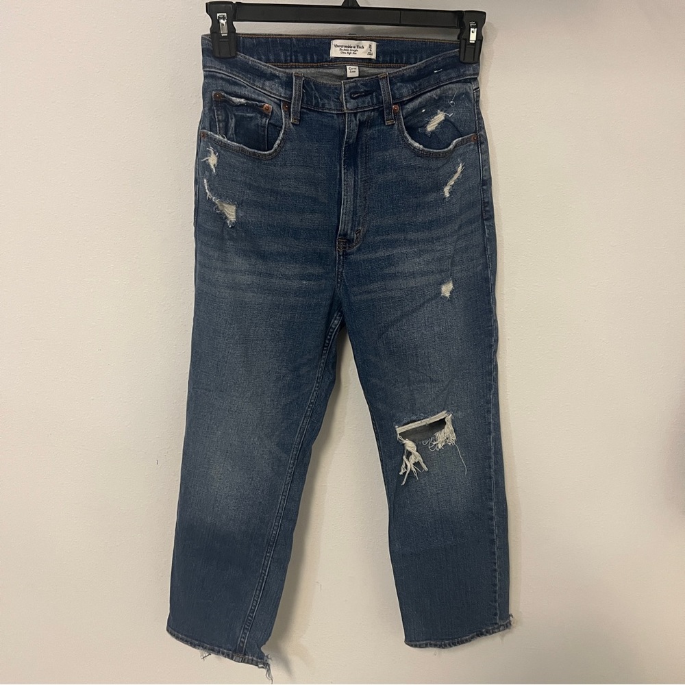 Abercrombie & Fitch the ankle straight ultra high rise ripped sz 28 6s EUC dark
